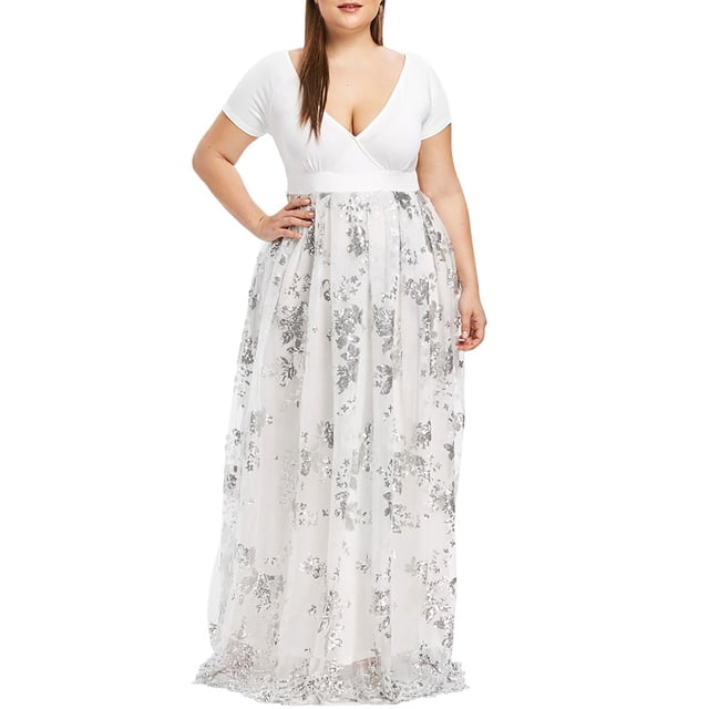 Leutsin Robe de Soirée en Maille à Paillettes Florales à Manches Courtes à Col en V pour Femme Grande Taille