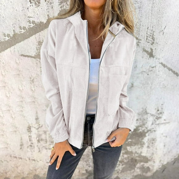 SNOWSONG Clearance! Womens Corduroy Jacket, Womens Lightweight Corduroy Zippered Long Sleeve Jacket Casual Loose Outerwear, Denim Jackets, Jackets for Women White S