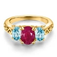 thumbnail image 3 of Gem Stone King 18K Yellow Gold Plated Silver Red Ruby and Blue Zircon Filigree Style 3 Stone Ring for Women (2.90 Cttw, Oval 8X6MM and 6X4MM) (Size 9), 3 of 6
