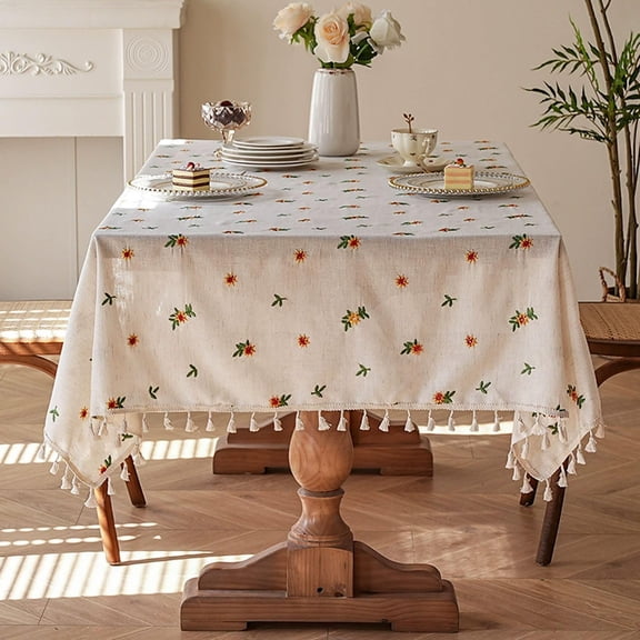 Embroidered Rectangular Tablecloth, Soft Cotton-Polyester Blend, Light Pattern Table Cover for Dining Table, Tea Table, or Living Room Use, Minimalist Home Textile ( 150x100cm)