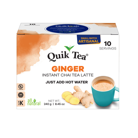 QuikTea Instant Ginger Chai Tea Latte – 10 Count, Zesty Natural Ginger Flavor, low Caffeine, No artificial colors, flavors or preservatives – Just Add Hot Water, Kosher, gluten free, non-GMO