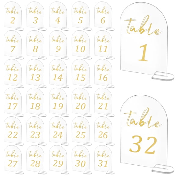 32 Pcs Acrylic Arch Table Numbers, Gold Printed for Wedding Reception, Modern Restaurant Tabletop Number Holders, including 32 Pcs Bases, Long-lasting Event Party Stand Set, Easy Assembly