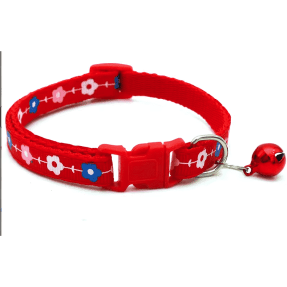 Nylon Flower Print Cat Collar, Red, Adjustable, Quick-Release Buckle, Bell