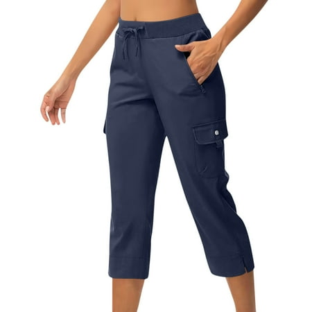 GXIPO Cargo Capris for Women High Waisted Quick Dry Hiking Pants Lightweight Casual Summer Pants with Pockets Dark Blue M