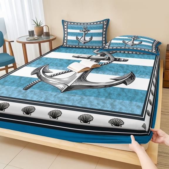 Queen Size Fitted Sheet Set - Blue Anchor 3 Piece Bedding Sets 16" Deep Pocket Fitted Sheet with 2 Pillowcases, Nautical Summer Beach Coastal Ocean Art Brushed Microfiber Hotel Luxury Bed Sheets