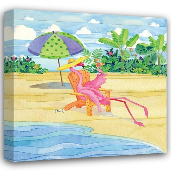 Paul Brent 36x36 Gallery Wrapped Canvas Wall Art Titled - Beach Chair Flamingo