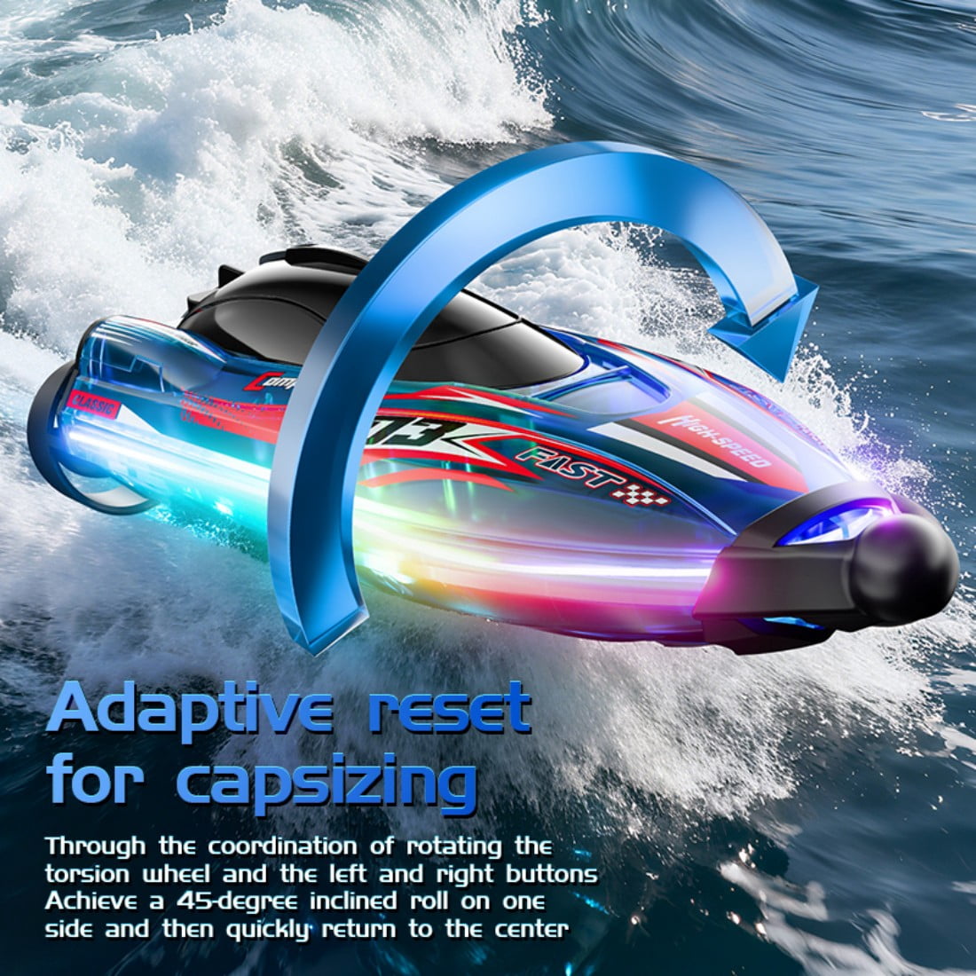 Mini High-Speed RC Boat with Colorful LED Lights, 2.4G Waterproof & Impact-Resistant Brushless RC Racing Car with Dual Motors & Detachable Covers for Pools, Rivers & Lakes - RTR