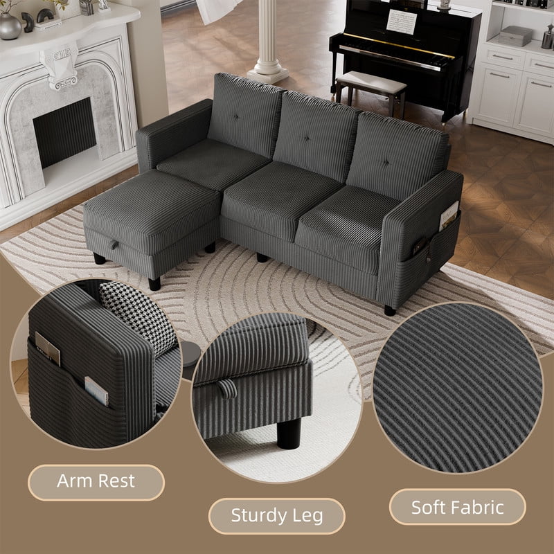 Walsunny 76.4" Convertible Sectional Sofa, L Shaped Sectional Sofa with Side Pocket, 3 Seat Sofa Couch with Storage Ottoman for Small Living Room, Apartment, Bedroom, Dark Gray