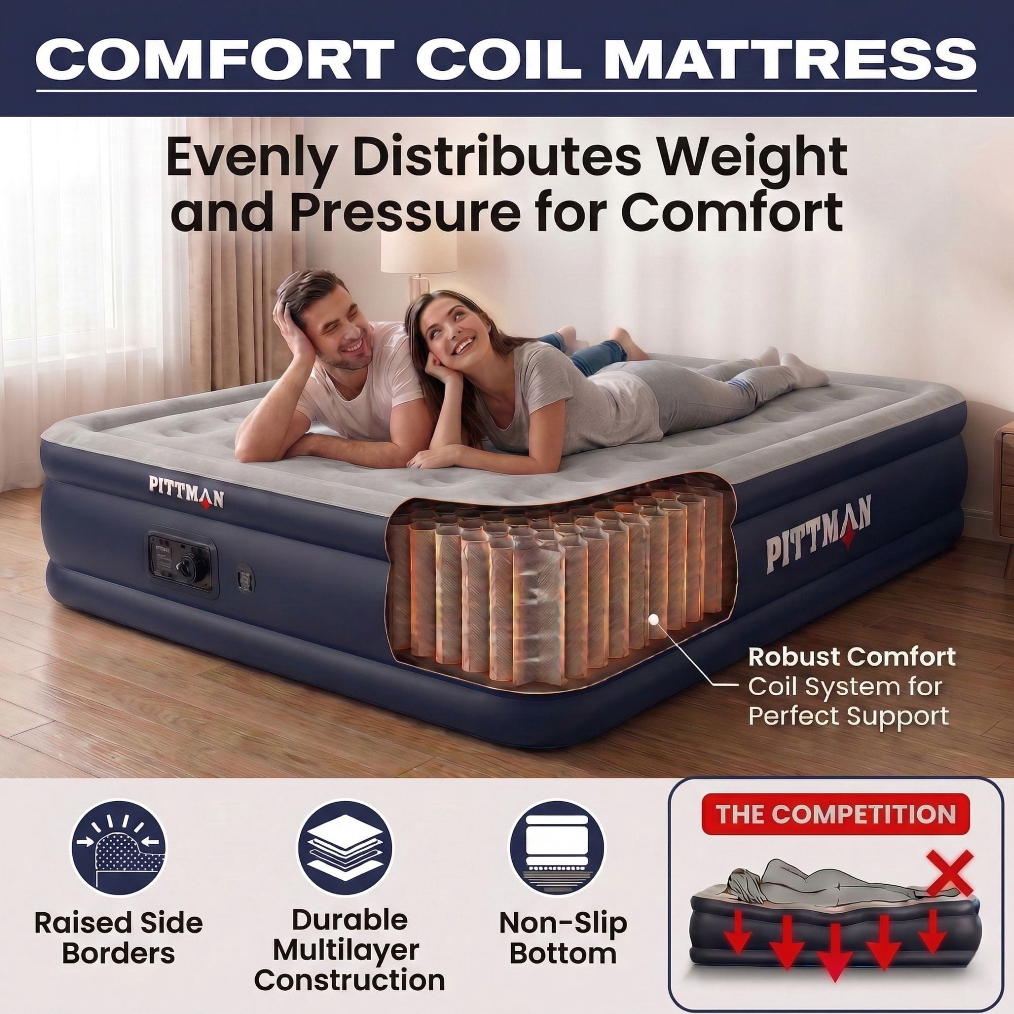 Pittman - Queen Air Mattress with Built-in Pump - 18" Inflatable Air Bed - Self Inflation & Deflation