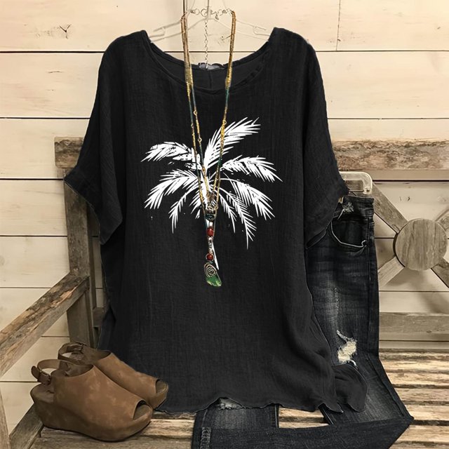 Qiopertar T-Shirts Imprimés Mode pour Femmes Col Rond Manches Courtes Raglan T-Shirt Ample en Coton Lin Blouses Grandes Économies de Vacances! Liquidation Moins de 5$ Livraison Gratuite