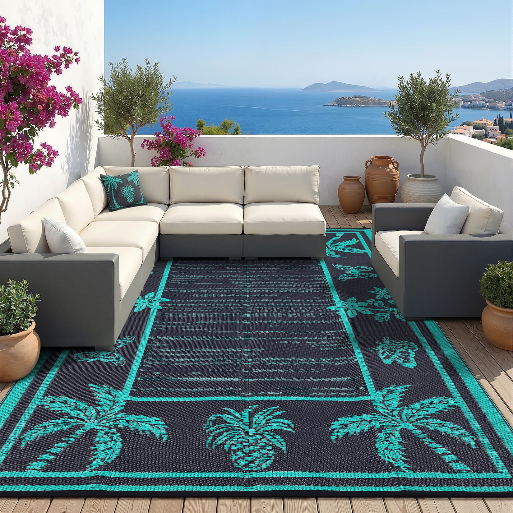 Nanan 8'x10' Outdoor Patio Rug, Waterproof Reversible Camping Rug, Portable Foldable Floor Cover for Picnic, Beach, Deck, Backyard, Dark Blue Green Black