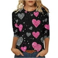 thumbnail image 1 of Staron Vente de Liquidation T-Shirts de la Saint-Valentin pour Femmes T-Shirt Manches 3/4 Col Rond Printemps Été T-Shirts Graphiques Imprimé Cœur Hauts Amples Décontractés Blouses, 1 of 5