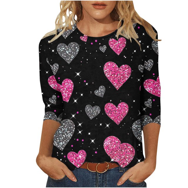 Staron Vente de Liquidation T-Shirts de la Saint-Valentin pour Femmes T-Shirt Manches 3/4 Col Rond Printemps Été T-Shirts Graphiques Imprimé Cœur Hauts Amples Décontractés Blouses