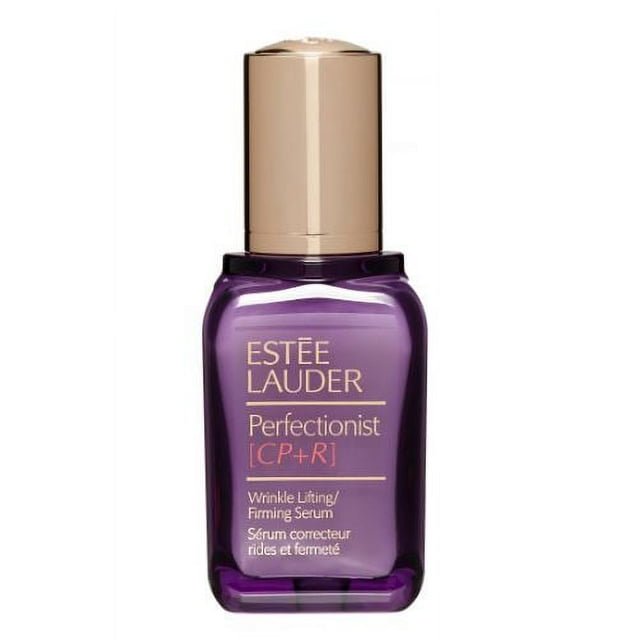 sérum reafirmante y tensor de arrugas perfectionist cpr de estee lauder, 50 ml, botella frontal morada con dosificador y tapón dorado, etiqueta con nombre y tamaño visible; envase compacto ideal para rutina facial diaria, a menudo usado también para preparar la piel antes del tratamiento nocturno.