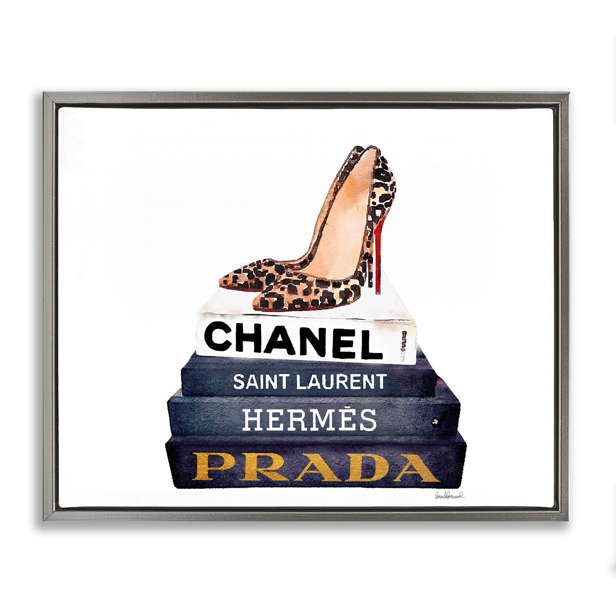 Stupell Industries Glam Fashion Book Set Leopard Pumps Heels Luster Gray Framed Floating Canvas Wall Art, 24x30, by Amanda Greenwood