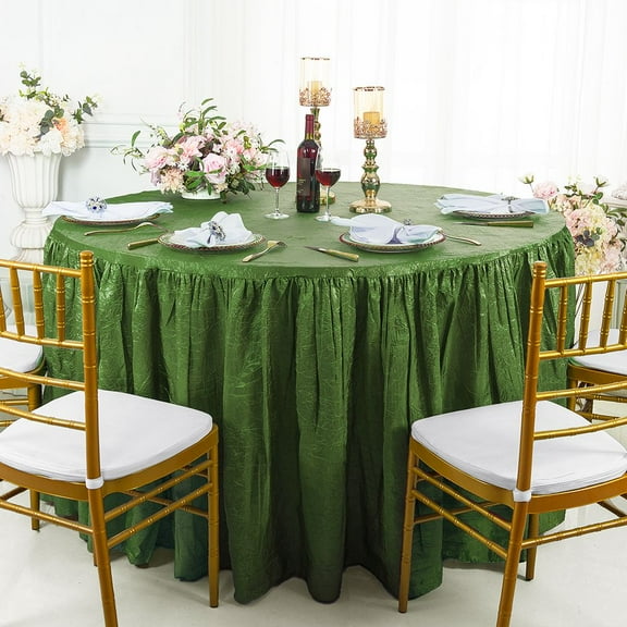 Wedding Linens Inc. 72"W x 30"H Round Ruffled Fitted Crushed Crinkle Taffeta Tablecloth Table Cover Linens With Skirt - Clover Green