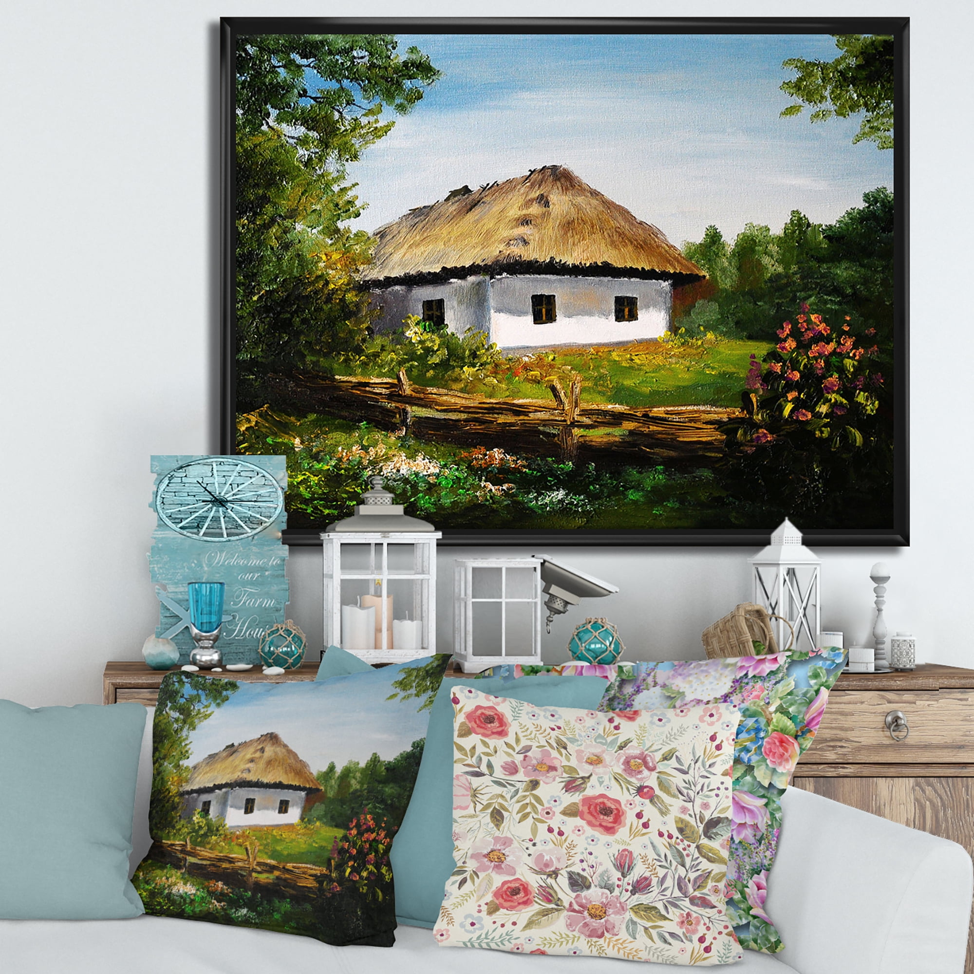 Designart 'Traditional Cottage At Sunrise In Summer' Traditional Framed Canvas Wall Art Print