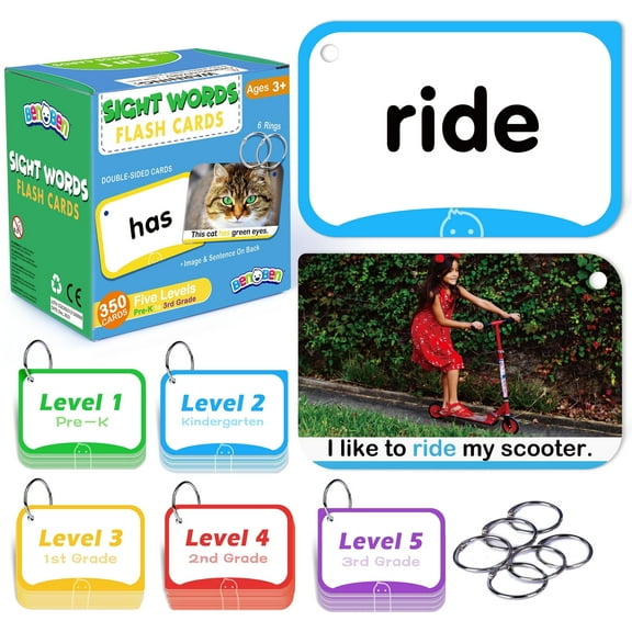 LotFancy 350 Dolch Sight Words Flash Cards with Pictures and Sentences ,5 Levels