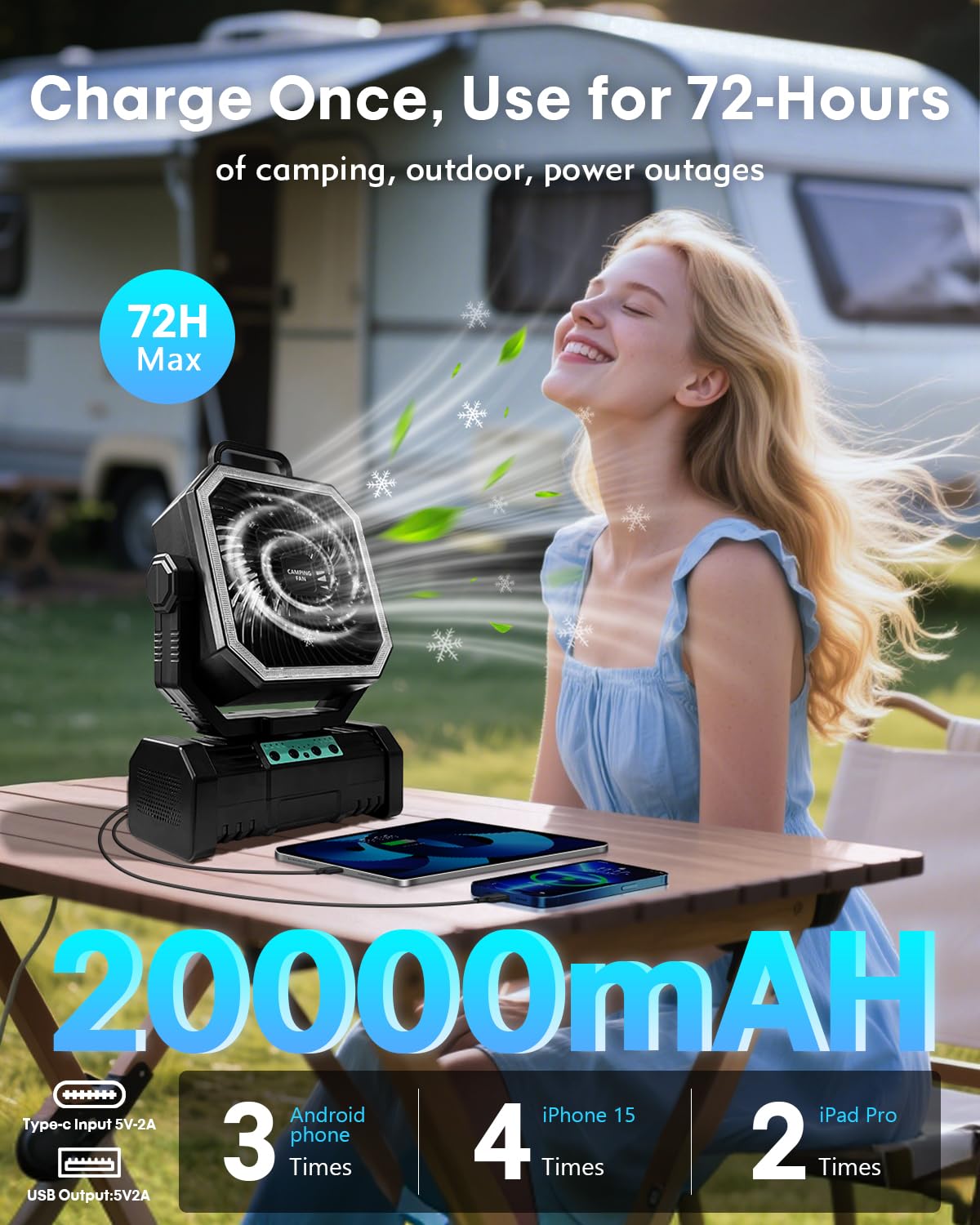 Camping Fan with Bluetooth Speaker, 20000mAh Rechargeable Battery Powered Fan with LED Light, Remote Control, Timer, Power Bank, 360° Hook, Tent Fan for Camping, Outdoor, Emergency Use, Black