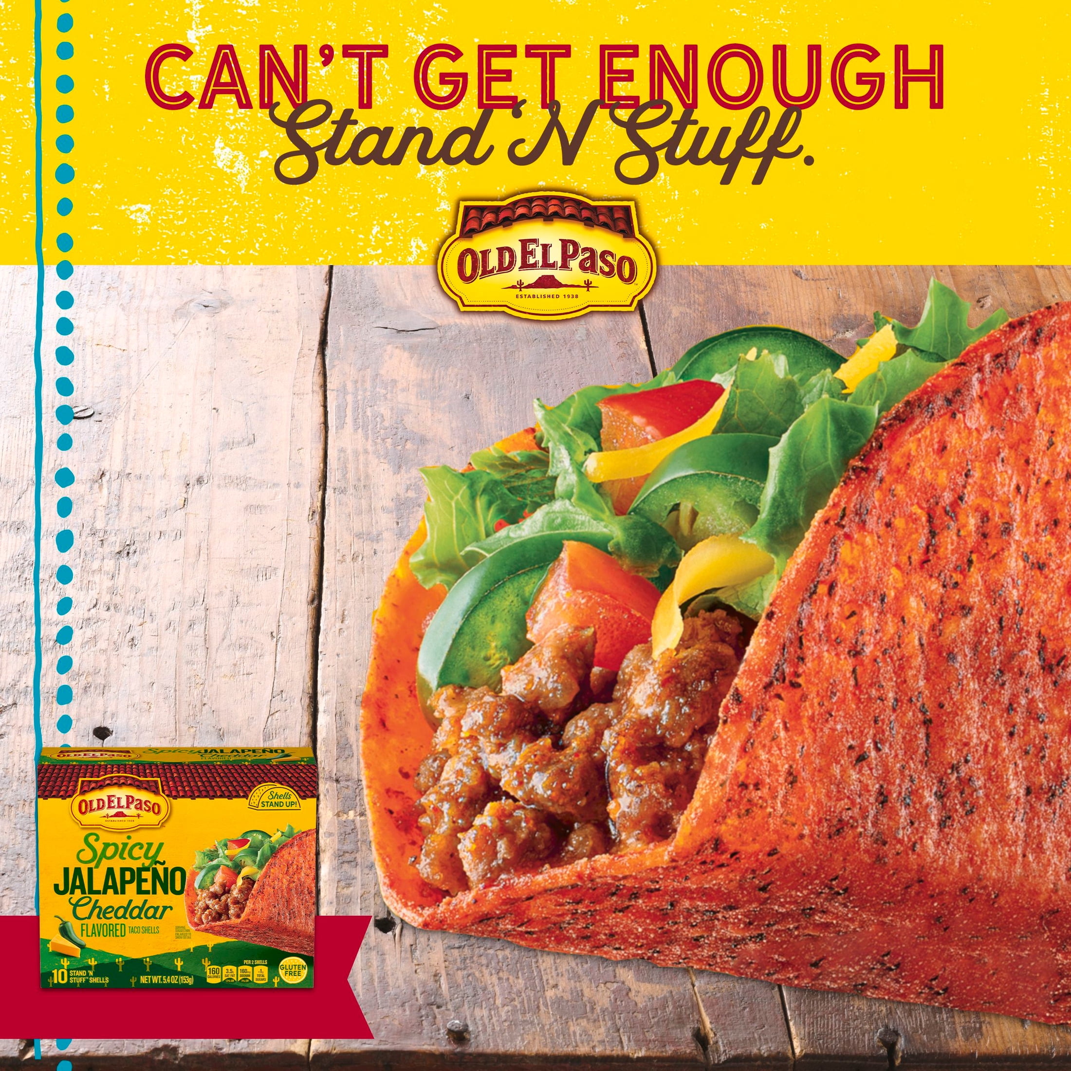 (6 pack) Old El Paso Spicy Jalapeno Cheddar Flavored Stand 'N Stuff Taco Shells, 10 Count, 5.4 oz
