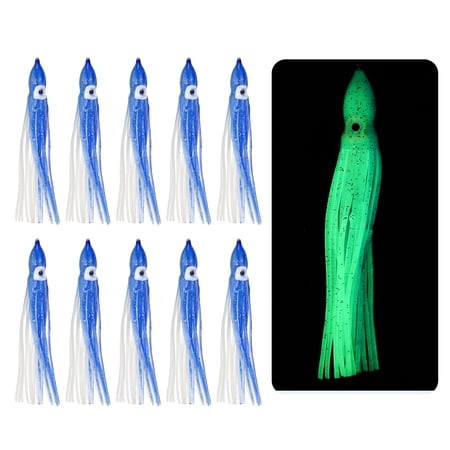 Fishing Squid Skirts Glow Soft Plastic Trolling Lures Luminous 5.9 x 0.6 Inch & 10 Pcs & Clear/Blue -Fitting for (Bass/Trout)