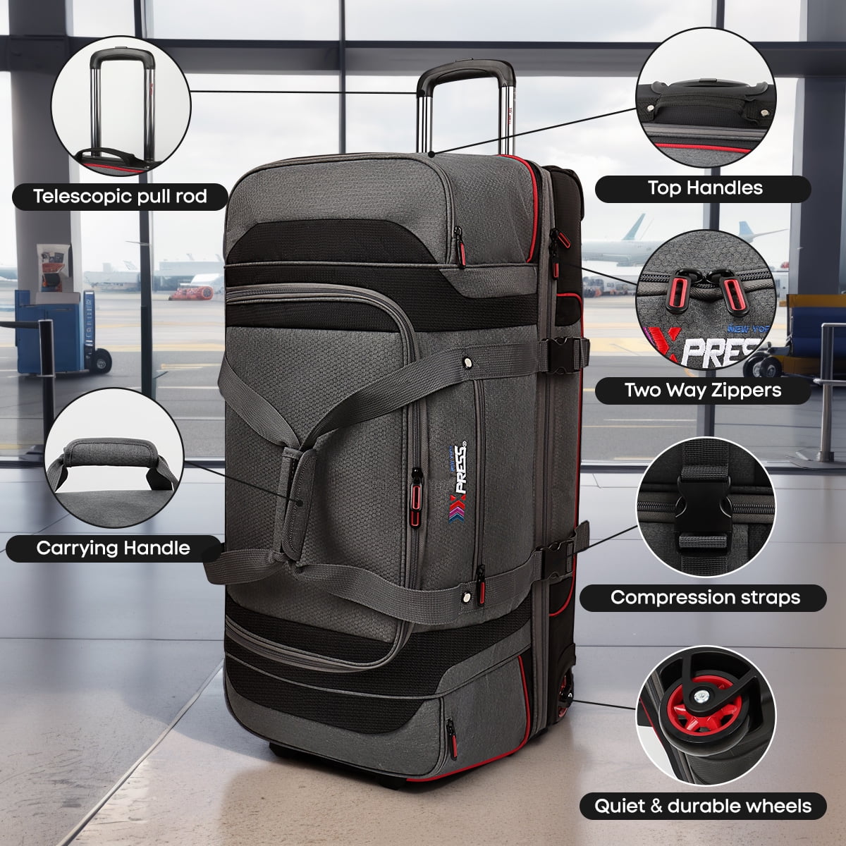 30 Inch Rolling Duffle Bag with Telescopic Handle, Wheeled Duffel Bag with Drop-Bottom,  Large Luggage Bags for Travel, Grey/Red, TBL074