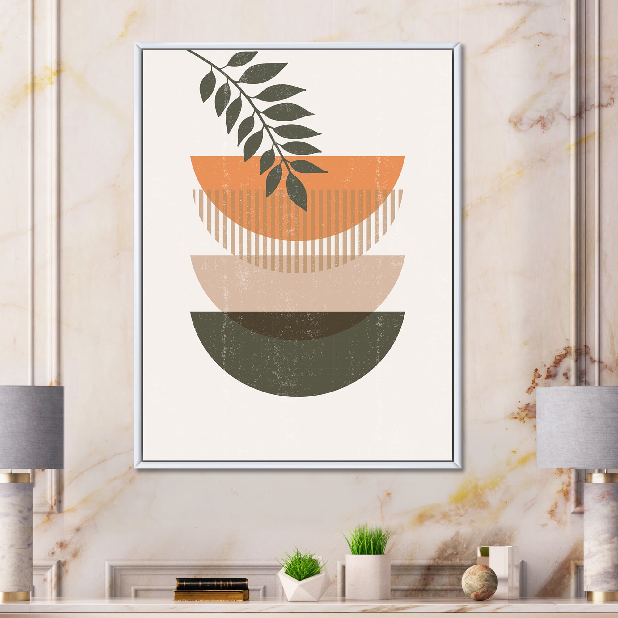 Designart 'Abstract Geometrical Moon and Sun With Leaf II' Modern Framed Canvas Wall Art Print