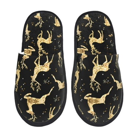 Balery Christmas Gold Deers Slient Indoor Furry Fleece Comfort House Shoes Soft Non-Slip Home Shoes Cotton slippers House Slippers-- Medium