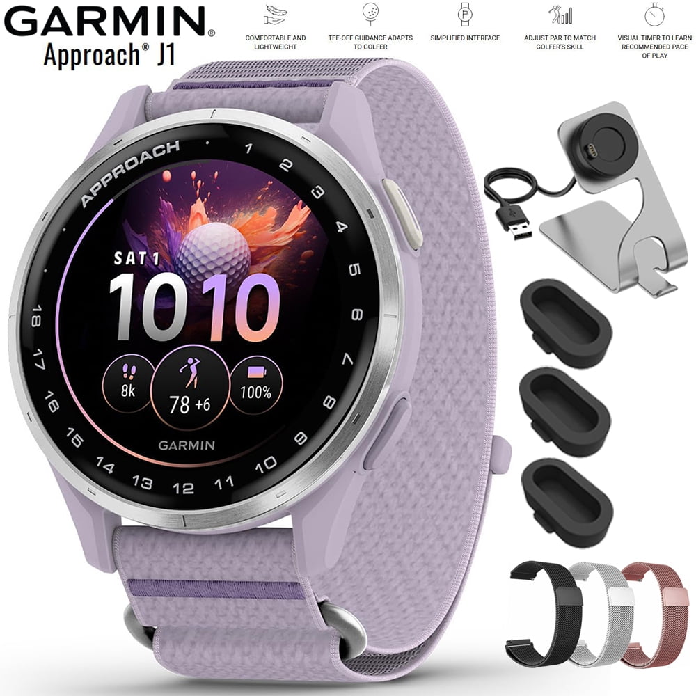 Garmin Approach J1 Silver Aluminum Bezel with Lilac ComfortFit Fabric Band 010-03898-10 Bundle with Deco Essentials 20mm Milanese Band 3 Pack, Charging Dock and Silicone Dust Cover 3 Pack