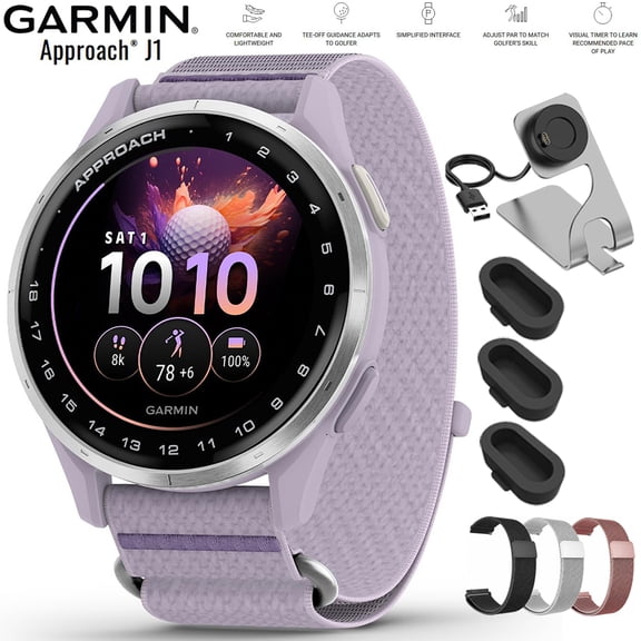 Garmin Approach J1 Silver Aluminum Bezel with Lilac ComfortFit Fabric Band 010-03898-10 Bundle with Deco Essentials 20mm Milanese Band 3 Pack, Charging Dock and Silicone Dust Cover 3 Pack