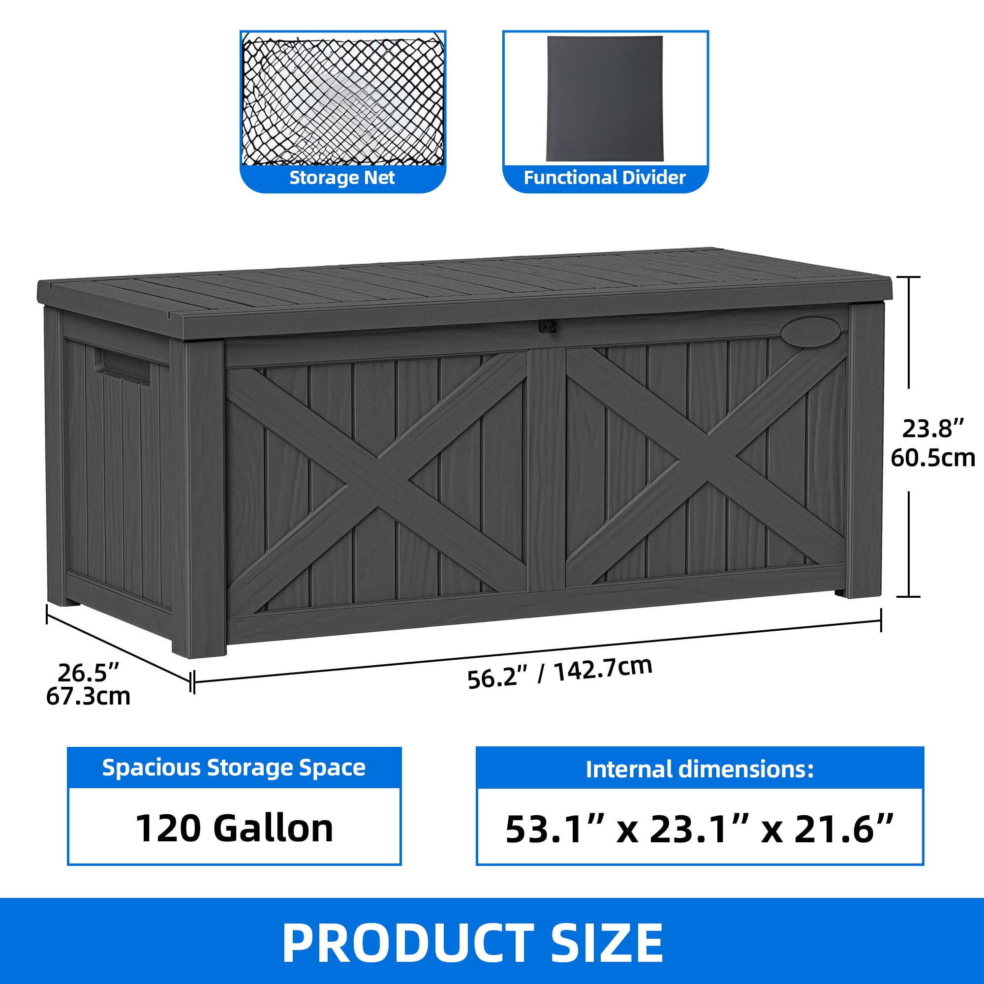 Uforic 120 Gallon Large Outdoor Deck Box, Outdoor Resin Storage Boxes  with X-Shaped Front ,Waterproof & Lockable,Dark Gray