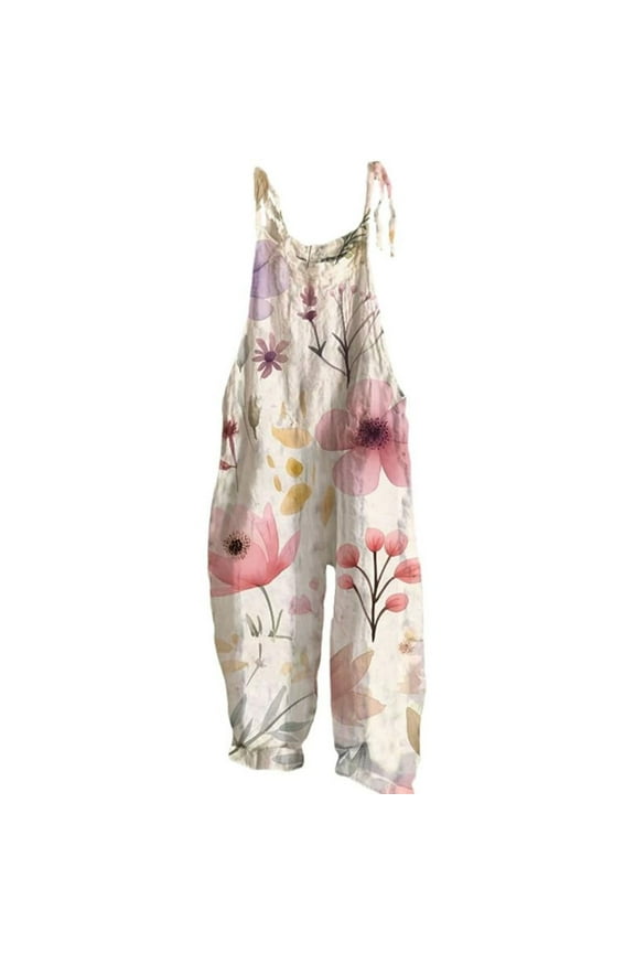 Womens Boho Floral Sleeveless Spaghetti Strap Wide Leg Jumpsuit Overalls with Pockets, Yellow S-5XL