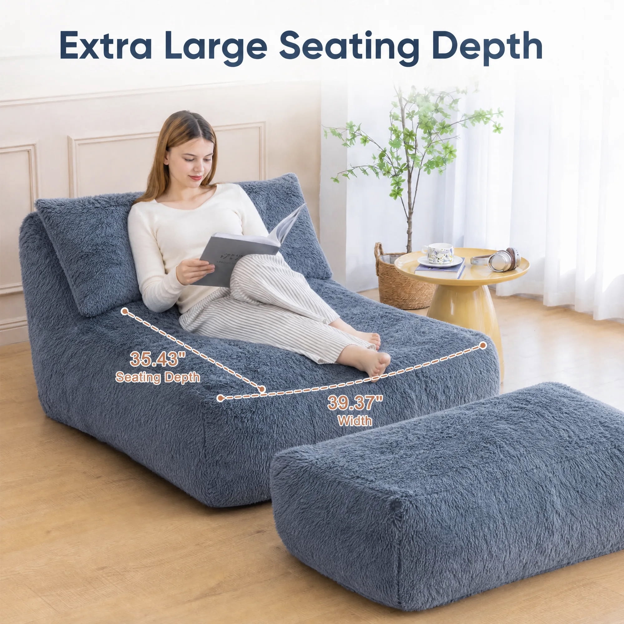 Alvantor Convertible Plush Sofa Bed with Ottoman and Pillow, Oversized Shaggy Faux Fur Floor Sofa, Foam Filled Armless Sleeper for Living Room, Bedroom, Dorm