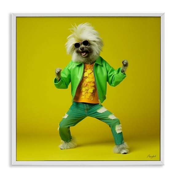 Stupell Industries Eclectic Dancing Dog in Green White Framed Giclee Art, 12 x 12, by Roozbeh