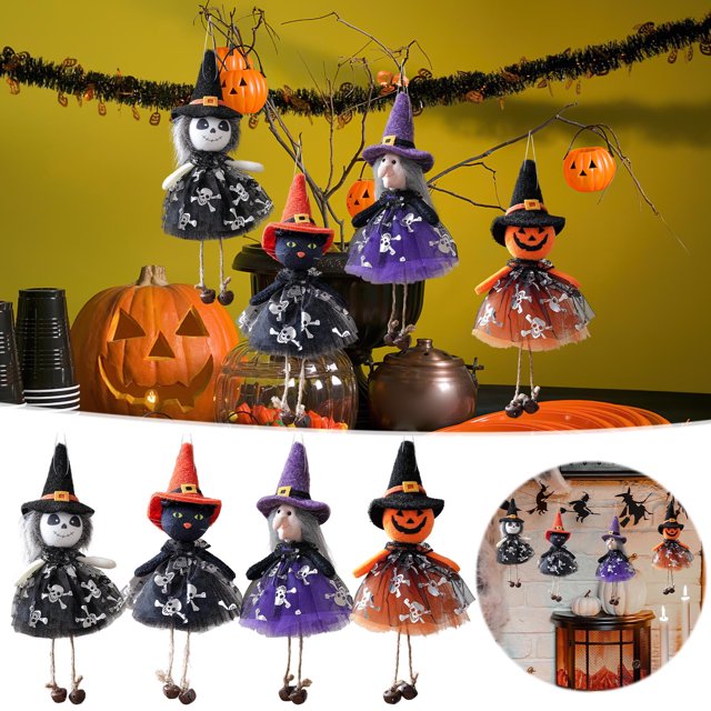 Vestido de Gasa de Halloween con Colgante de Muñeca, Gatos Negros, Bruja, Calabaza y Fantasma, con Cascabeles, Decoración Colgante.