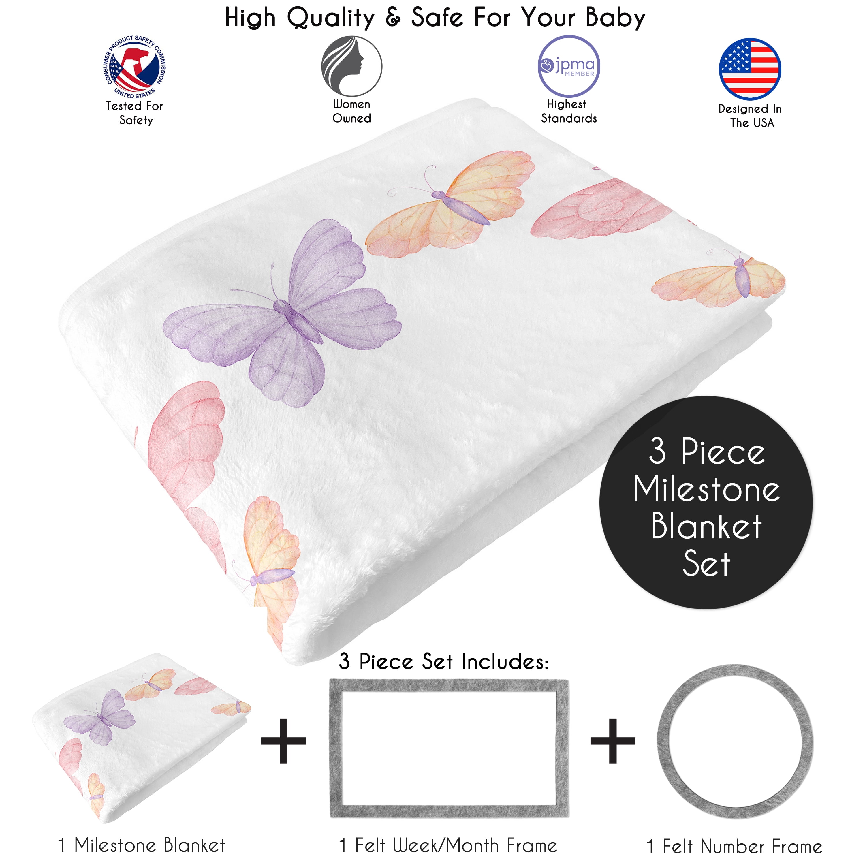 Sweet Jojo Designs Butterfly Blush Pink and Purple Girl Fleece Milestone Baby Blanket Set 3 Piece