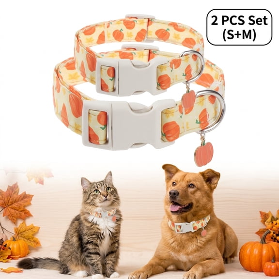 2 PCS Fall Pumpkin Pet Collar Set, Adjustable Nylon Collar with Pumpkin Charm for Cat & Small Dog, S M