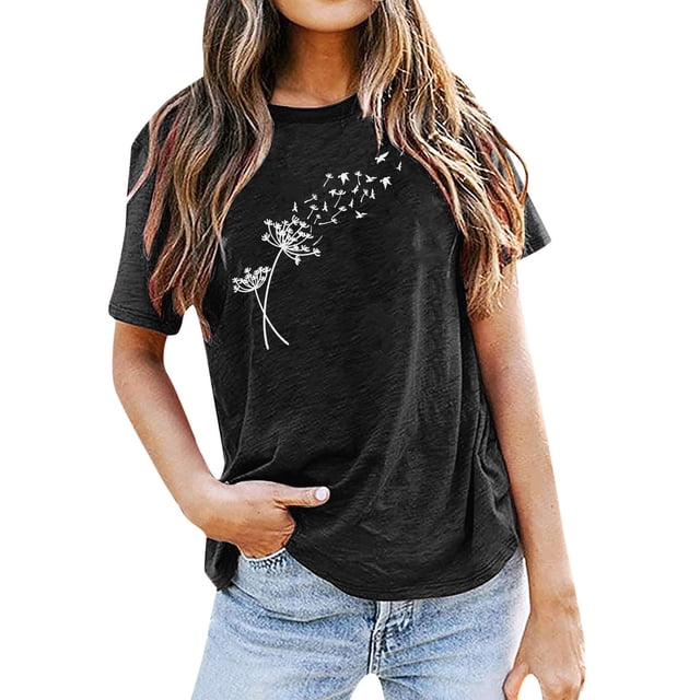 TSADFHJI Hauts Col en V pour Femmes Mode Décontractée Impression Mots Chemises Col Rond Manches Courtes Tee Tops Tunique Blouse TTG Noir