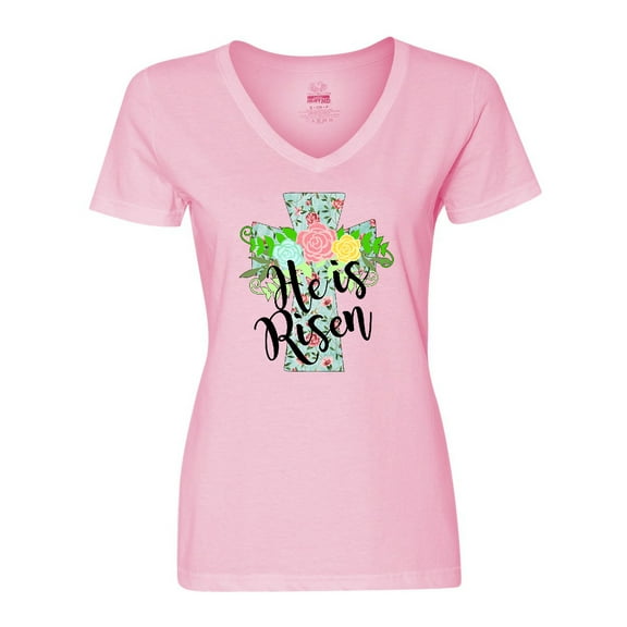 Inktastic He is Risen Floral Print Cross with Beautiful Flowers Women's V-Neck T-Shirt