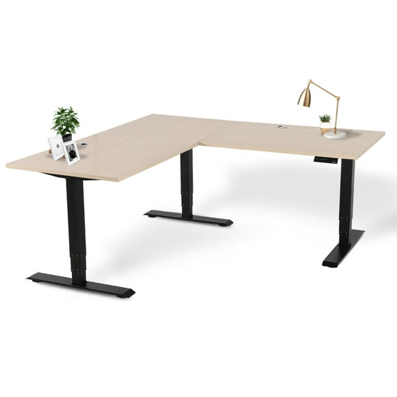 EFFYDESK Executive L-Shaped Height Adjustable Home Office Computer Standing Desk with Cable Management Tray (71"×71") Oak Wood on Black Frame