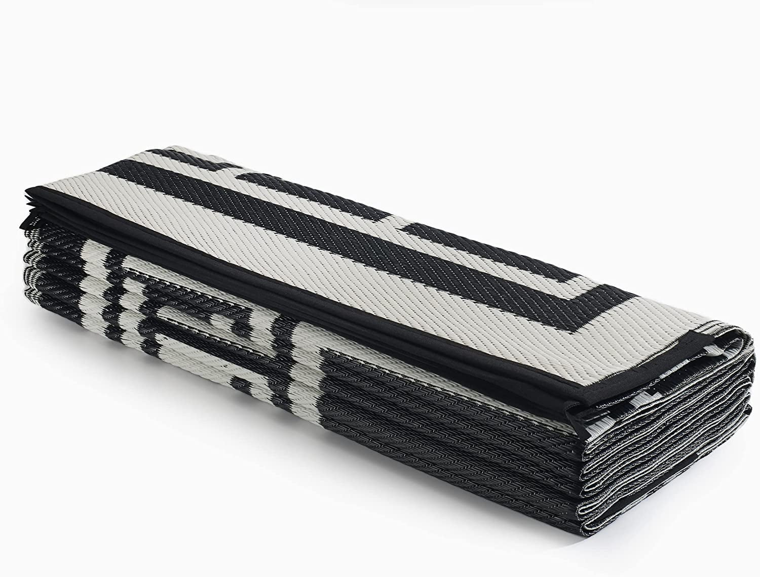 FH Home Outdoor Rug - Waterproof, Fade Resistant, Reversible - Premium Recycled Plastic - Greek Border - Large Patio, Deck, Sunroom, RV, Camping - Athens - Black & White - 9 x 12 ft Foldable