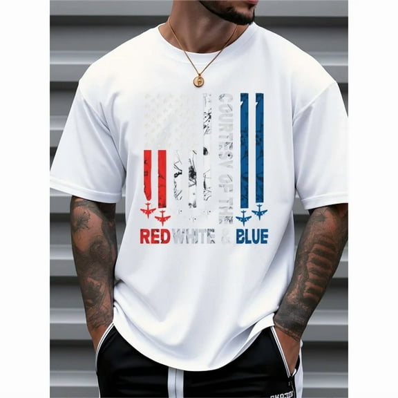 100% cotton tshirts men tee Men's Patriotic USA Flag Print T-Shirt - 100% Cotton Loose Fit Casual Tee with Red White & Blue Design,