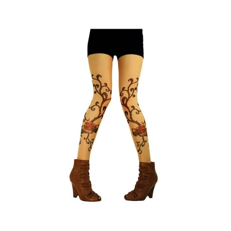 Wild Rose Tattoo Leggings Tan Mesh Footless Tights Vine Black Lace Hip