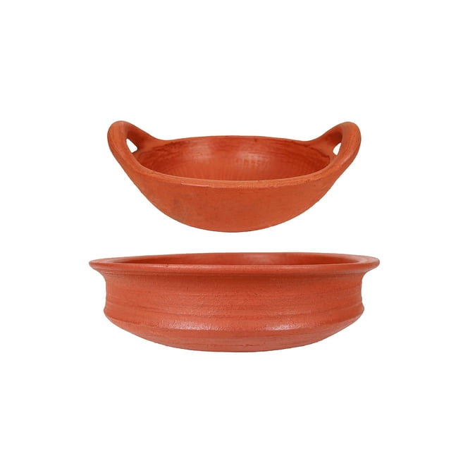 Kadai en Terre Cuite + Pot en Argile, Combo de 2 pour Cuisson, Préassaisonné - Rouge, 3+1 Litres