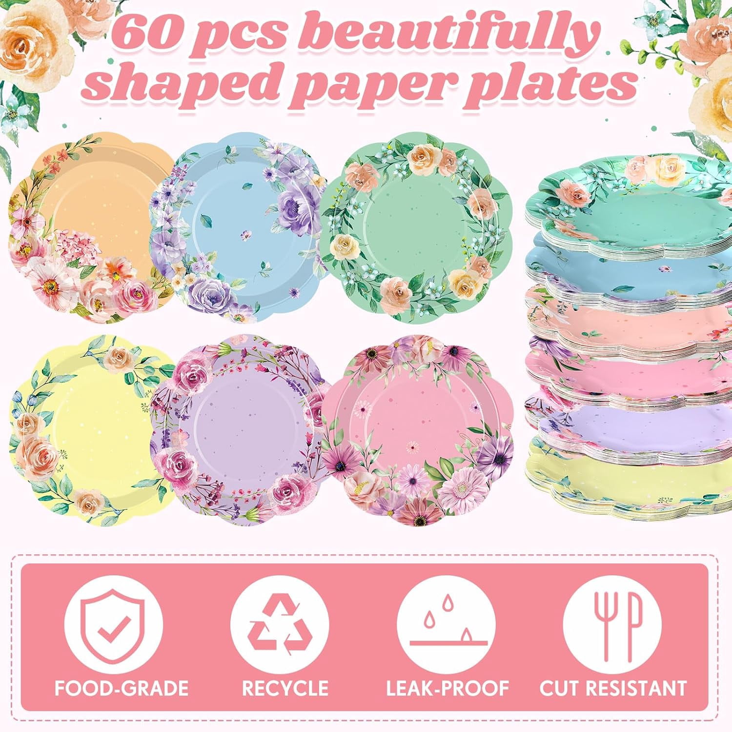 Floral Party Plates, Disposable Paper Plates, Elegant Vintage Garden Dinner Dish for Tea Party, Bridal Shower, Birthday Supplies