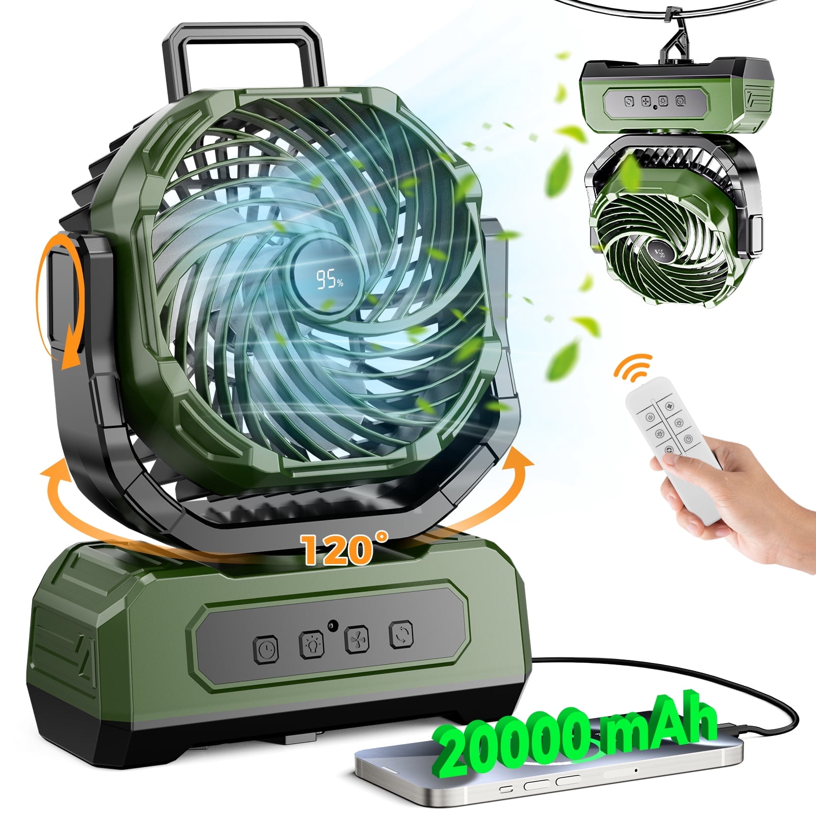 3-in-1 Camping Fan, Portable Fans Rechargeable, Auto Oscillation, 20000mAh Battery Powered Fan with Light & Remote for Indoor, Outdoor, Tent, Travel, BBQ, Fishing, Jobsite - Green