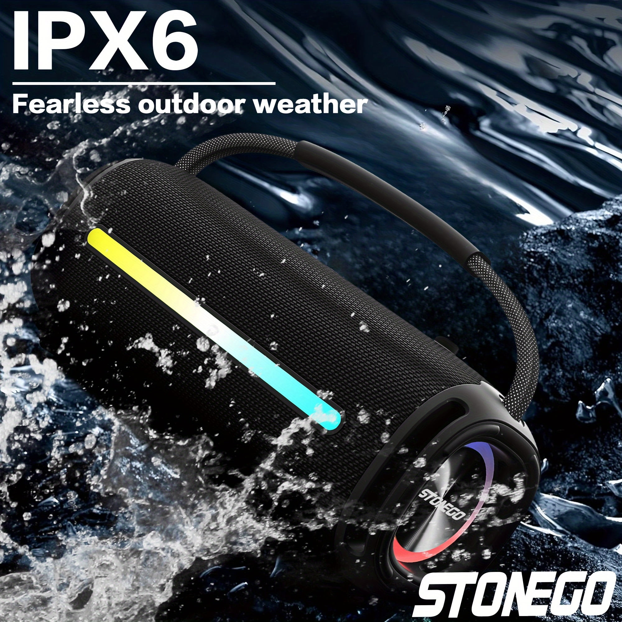 STONEGO Portable Handheld Bluetooth Speaker, Bluetooth 5.3 Wireless RGB Flash Dual Speakers, TWS Heavy Bass Stereo, IPX6 Waterproof, USB-C Charging, 3000mAh Battery, with FM Mode