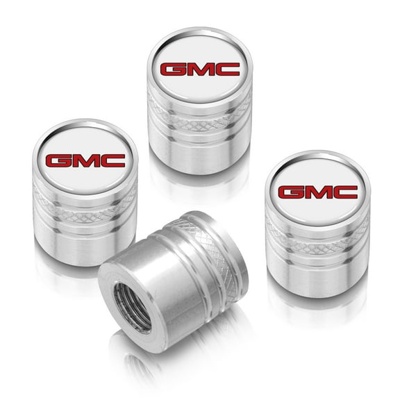 iPick Image for GMC Red Logo in White on Shining Silver Aluminum Cylinder-Style Tire Valve Stem Caps, Official Licensed