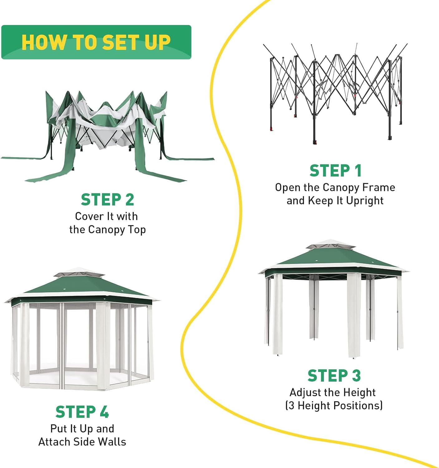 13x13 Ft Pop Up Gazebo Hexagonal Outdoor Canopy Tent with Mosquito Netting Dual Vent Roof Awning Waterproof, UV Resistant Height Adjustable for Backyard, Patio, Deck, Lawn Parties