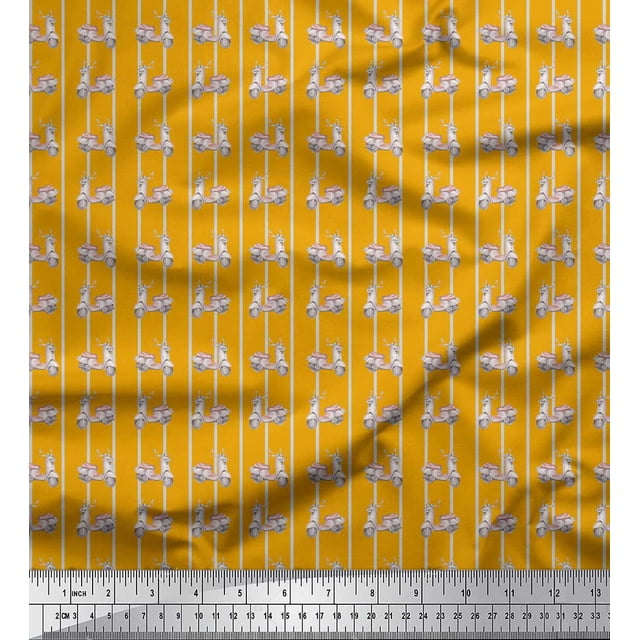 Soimoi Gold Poly Georgette Fabric Stripe & Scooter Transport Print Sewing Fabric Yard 52 Inch Wide